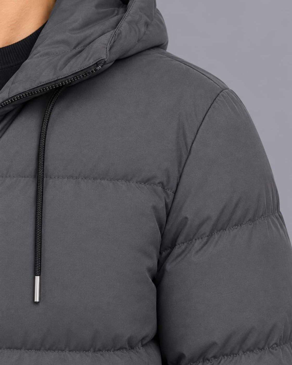 Men's Quilted Puffer Jacket – Hooded, Zip Pockets – Gray – shoulder detail