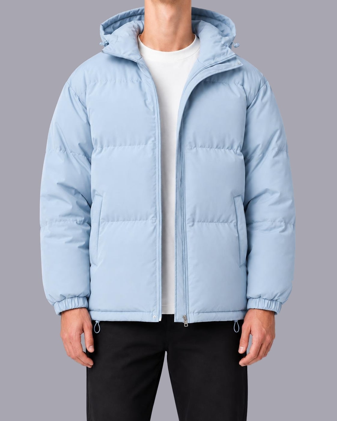 Men's Quilted Puffer Jacket – High Neck, Drawstring Hood – Light Blue