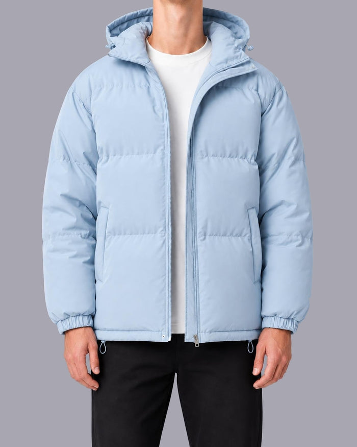 Men's Quilted Puffer Jacket – High Neck, Drawstring Hood – Light Blue