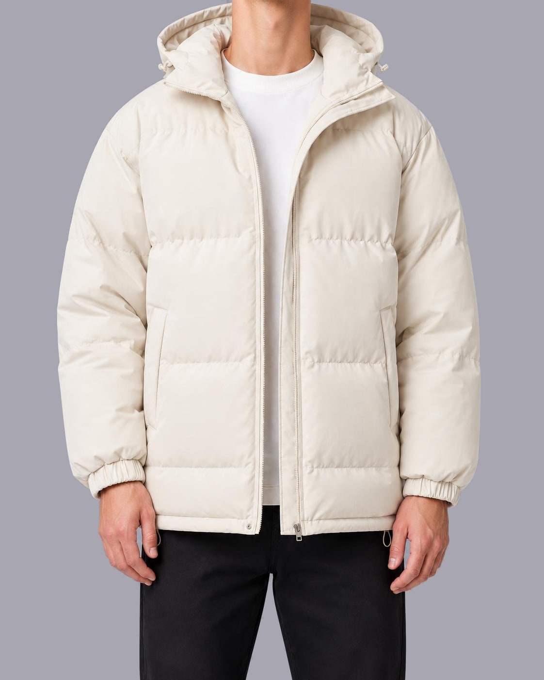Men's Quilted Puffer Jacket – High Neck, Drawstring Hood – Cream