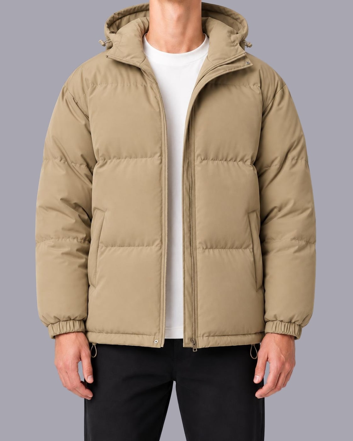 Men's Quilted Puffer Jacket – High Neck, Drawstring Hood – Khaki
