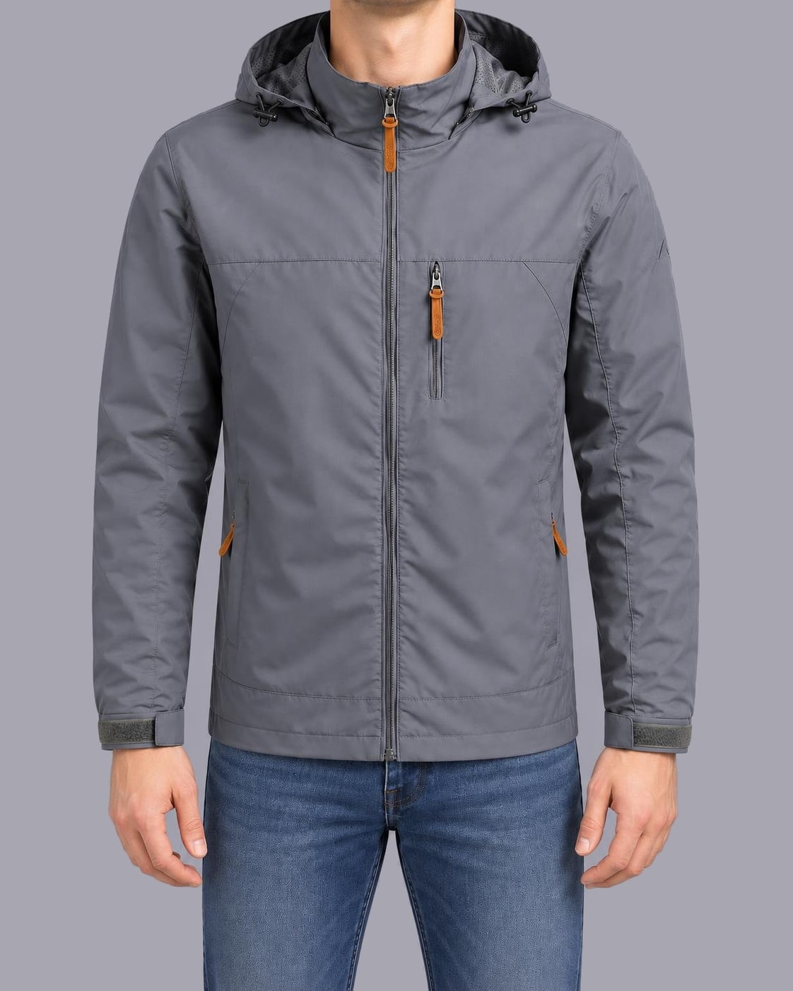 Men's Hooded Windbreaker – Full Zip, Regular Fit – Grey