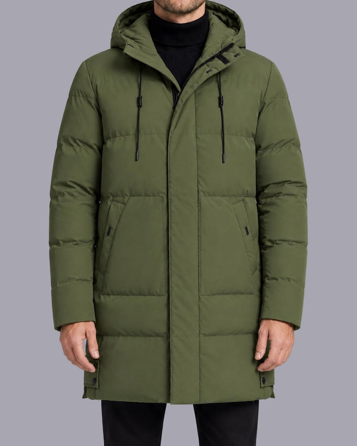 Men's Longline Puffer Coat – Hooded, Quilted Mid-Thigh Length – Green