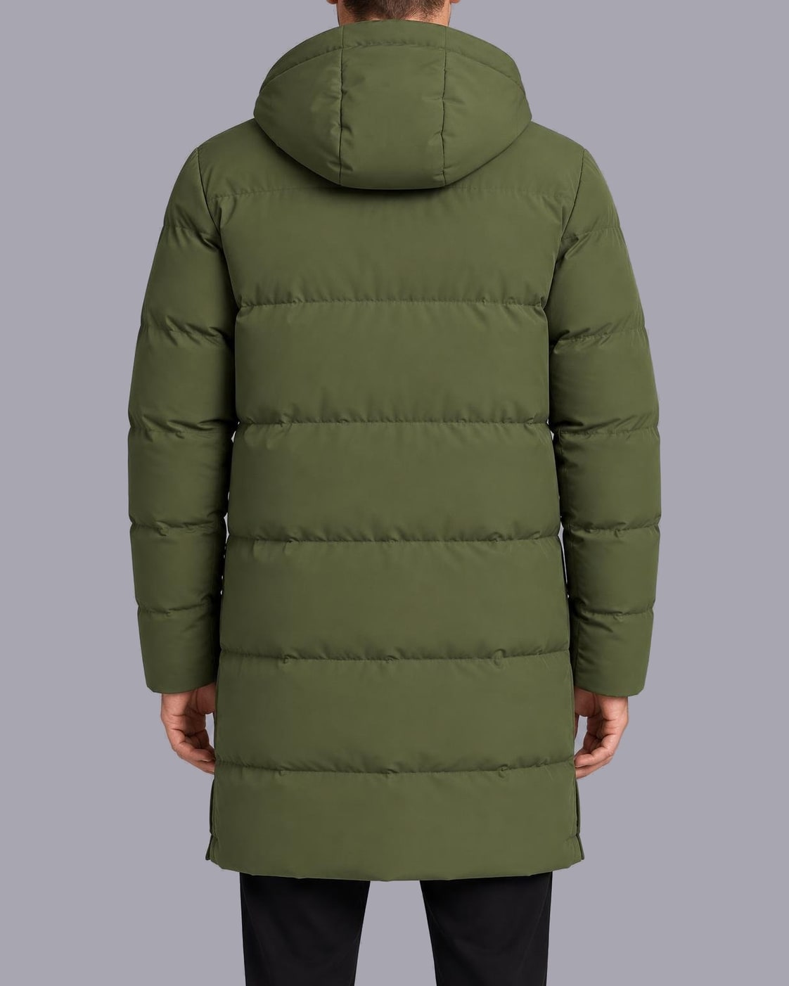 Men's Longline Puffer Coat – Hooded, Quilted Mid-Thigh Length – Green – back