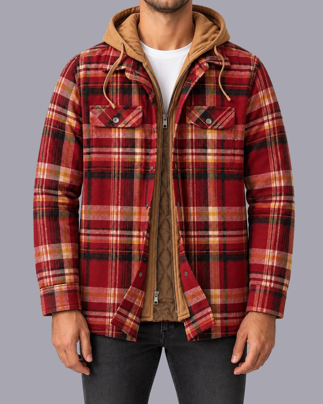 Men's Hooded Flannel Shacket – Quilted Lining, Regular Fit – Red
