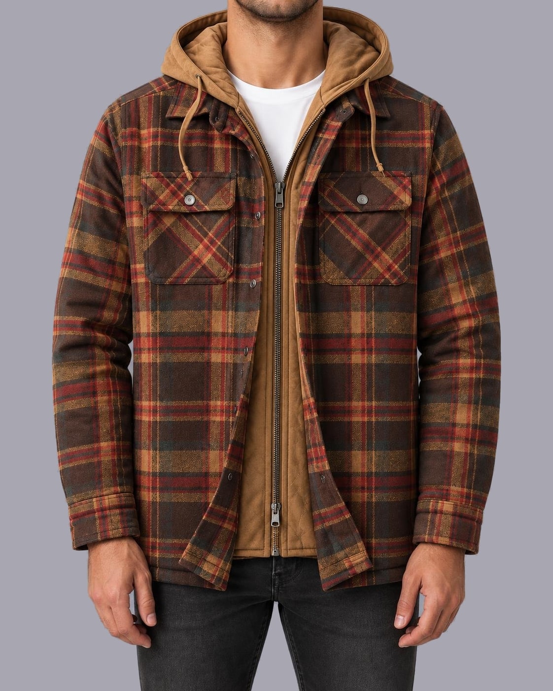 Men's Hooded Flannel Shacket – Quilted Lining, Regular Fit – Brown