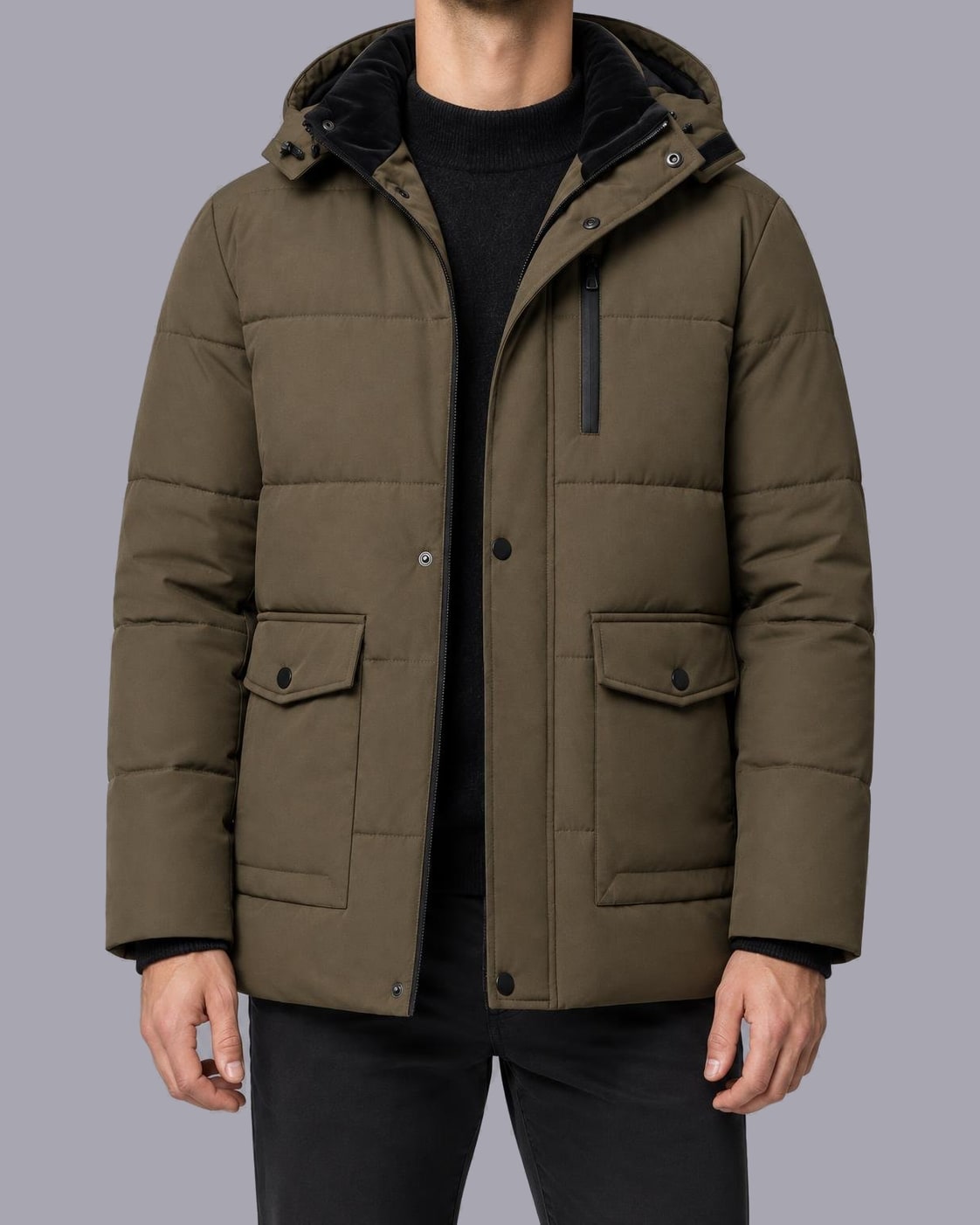 Men's Quilted Puffer Jacket – Plush-Lined Hood, Regular Fit – Brown