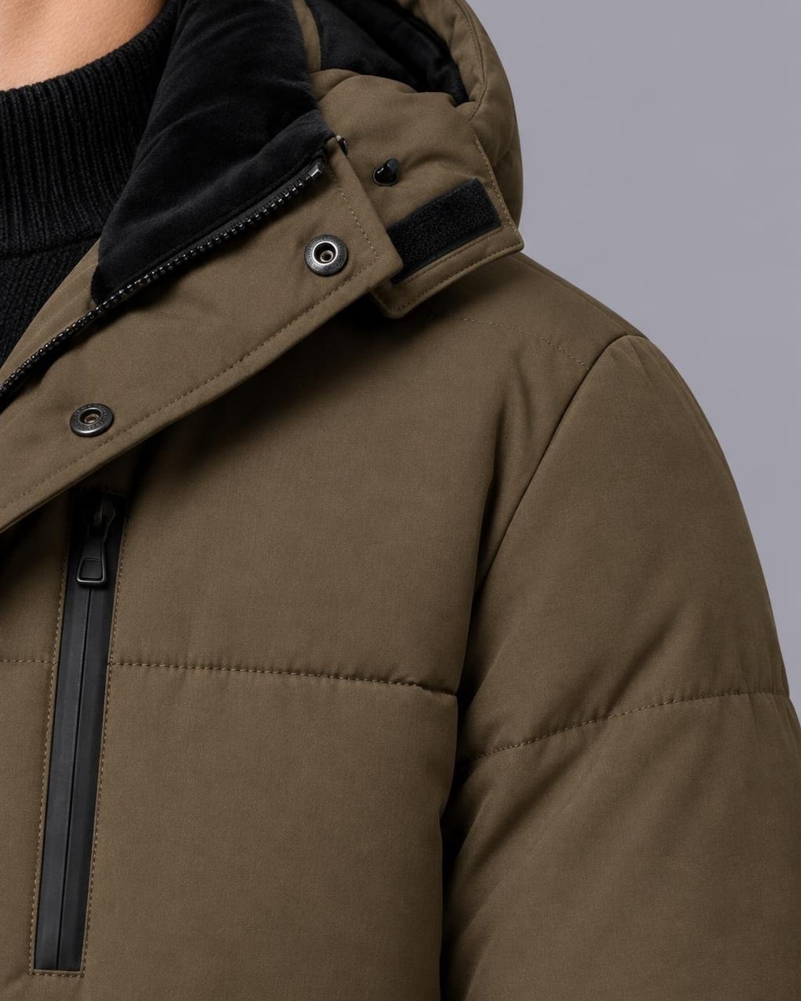 Men's Quilted Puffer Jacket – Plush-Lined Hood, Regular Fit – Brown – shoulder detail