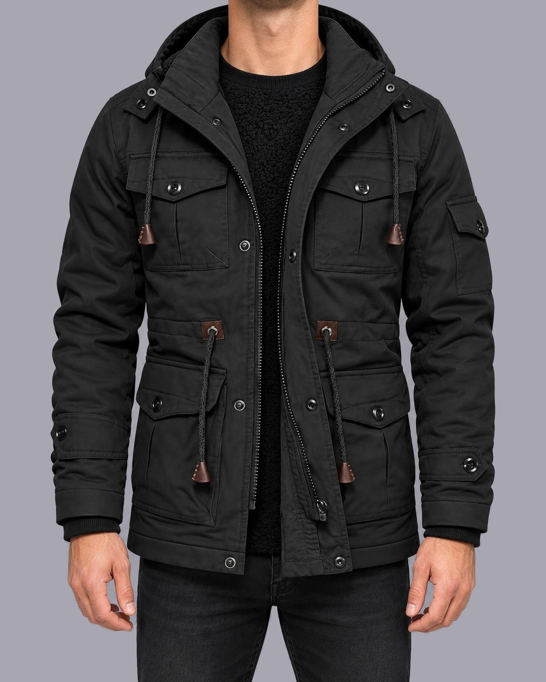 Men's Fleece-Lined Utility Parka – Hooded, Multi-Pocket, Regular Fit – Black