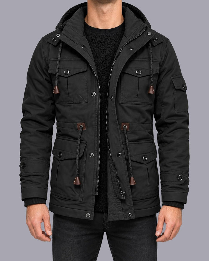 Men's Fleece-Lined Utility Parka – Hooded, Multi-Pocket, Regular Fit – Black