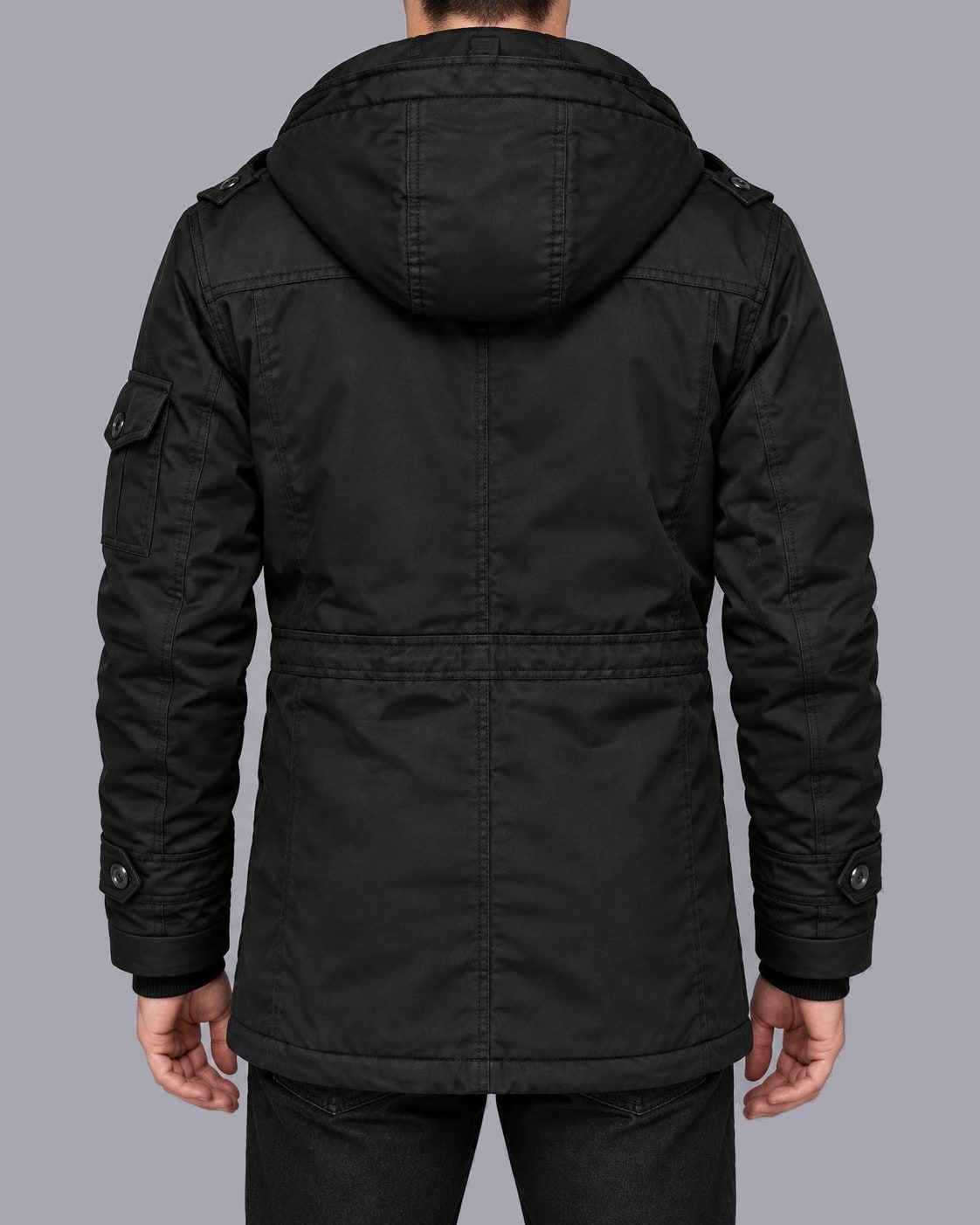 Men's Fleece-Lined Utility Parka – Hooded, Multi-Pocket, Regular Fit – Black – back