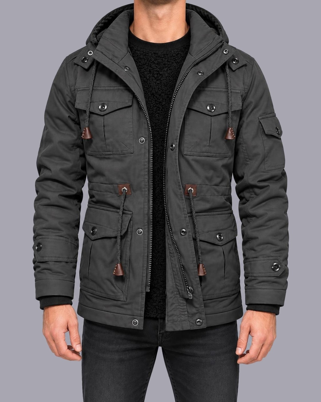 Men's Fleece-Lined Utility Parka – Hooded, Multi-Pocket, Regular Fit – Dark Grey