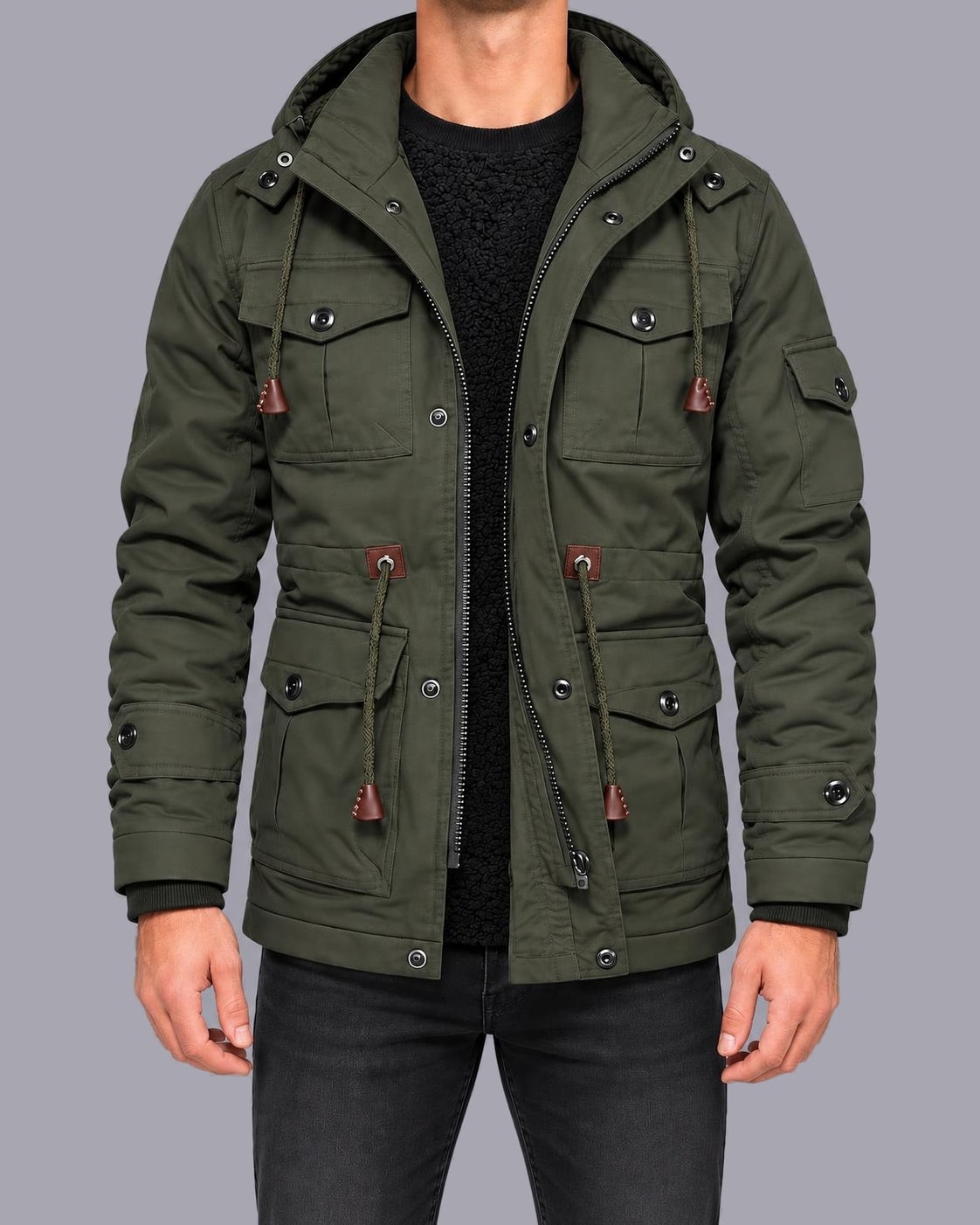 Men's Fleece-Lined Utility Parka – Hooded, Multi-Pocket, Regular Fit – Green