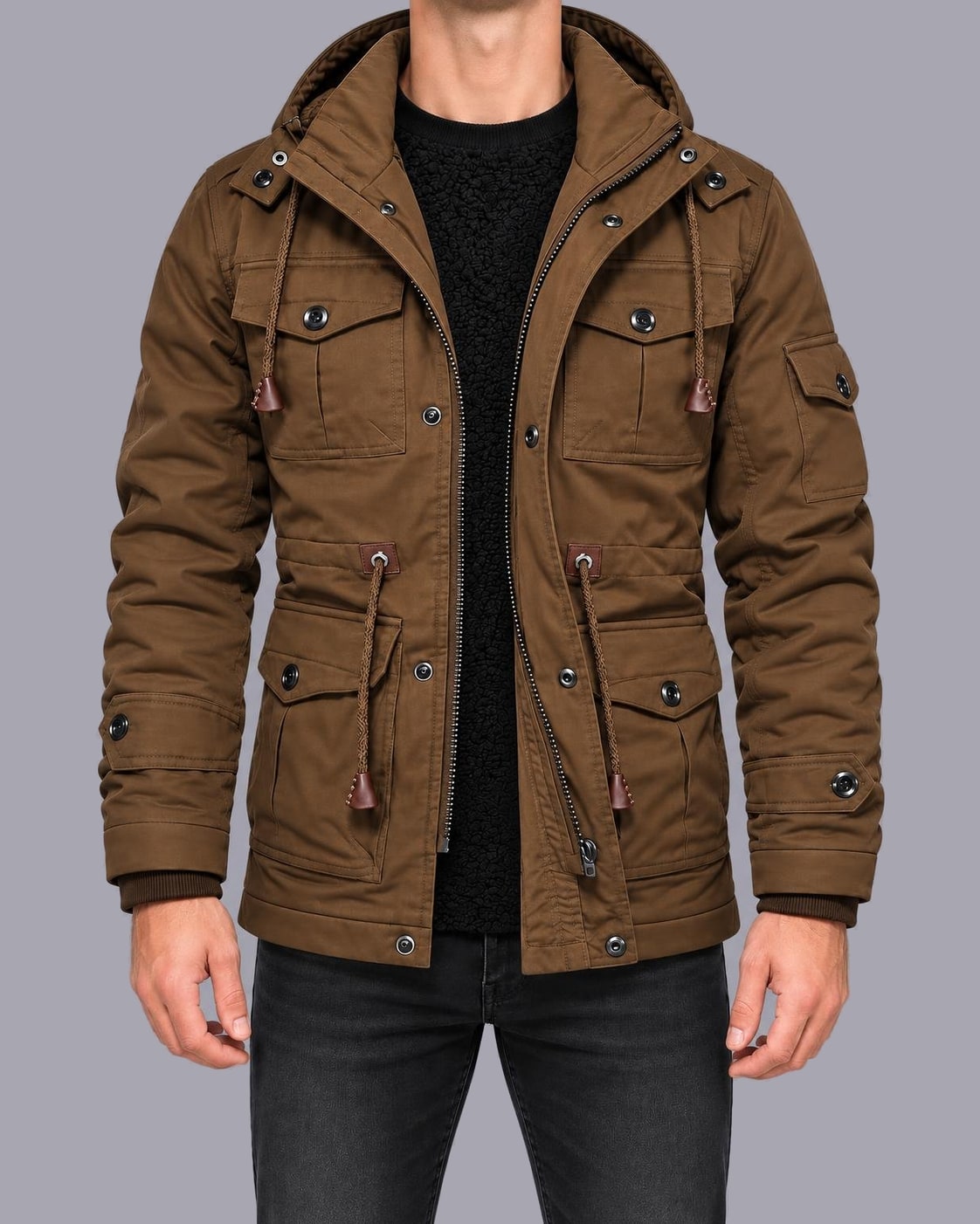 Men's Fleece-Lined Utility Parka – Hooded, Multi-Pocket, Regular Fit – Brown