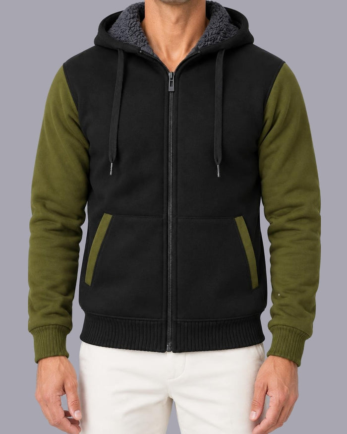 Men's Fleece-Lined Zip-Up Hoodie – Colour Block, Full-Zip – Green