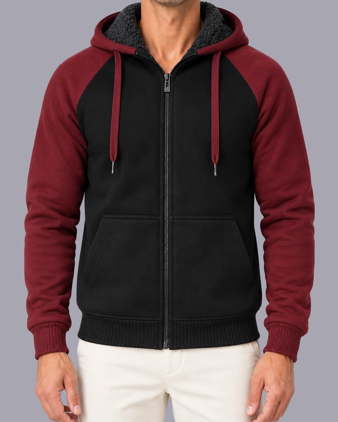 Men's Fleece-Lined Zip-Up Hoodie – Colour Block, Full-Zip – Red
