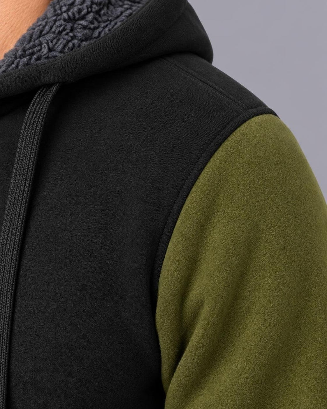 Men's Fleece-Lined Zip-Up Hoodie – Colour Block, Full-Zip – Green – shoulder detail
