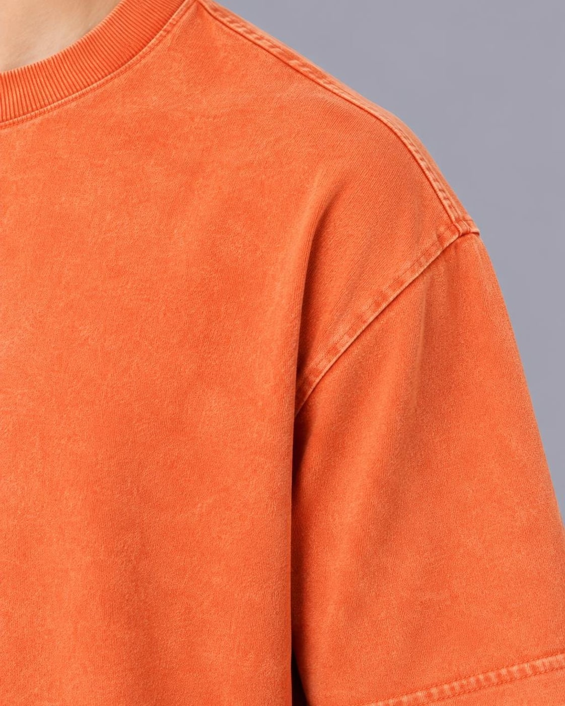 Men's Oversized Heavyweight Cotton T-Shirt – Mineral Wash Finish – Orange – shoulder detail