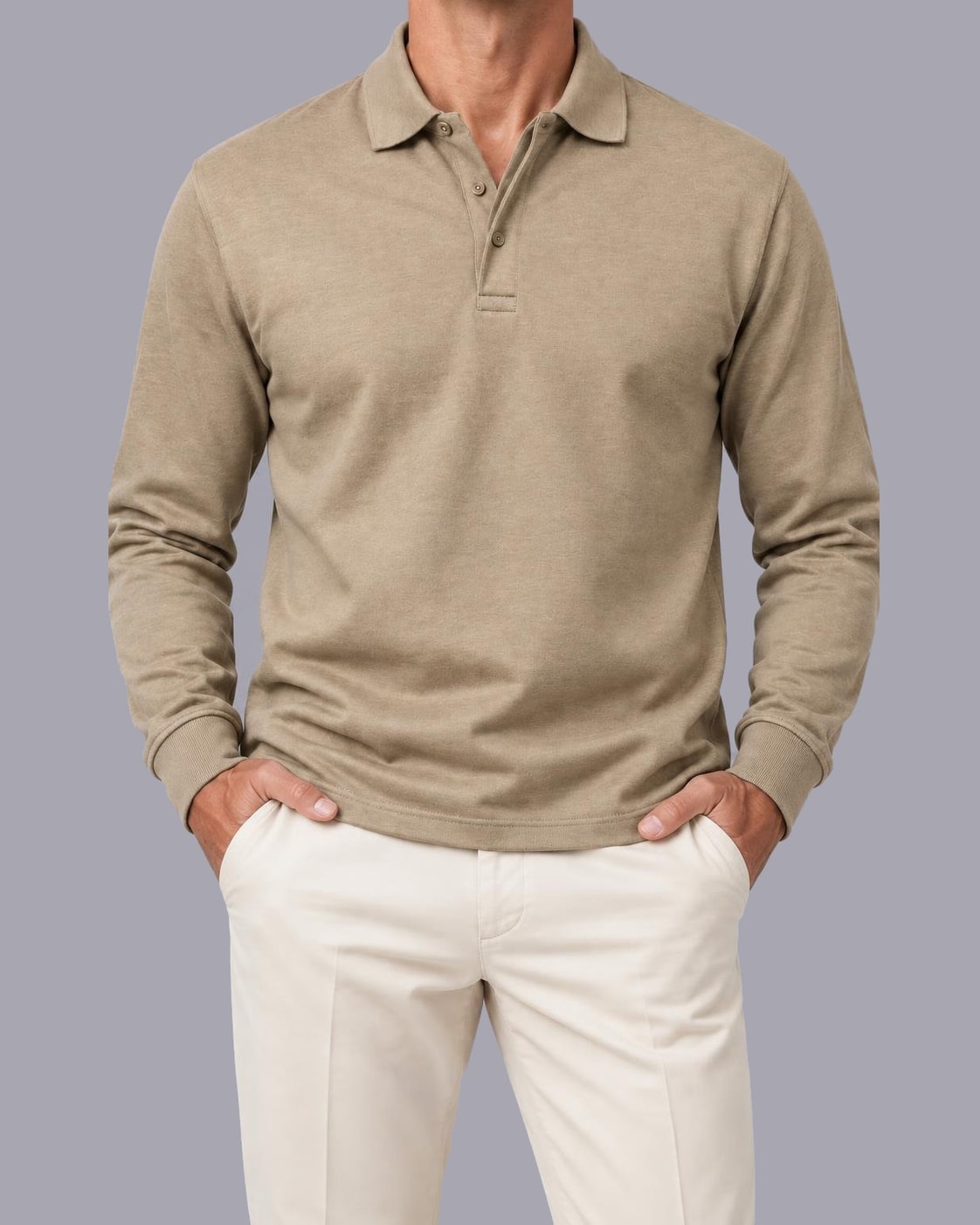 Men's Long Sleeve Polo Shirt – Knitted Cotton, Regular Fit – Khaki