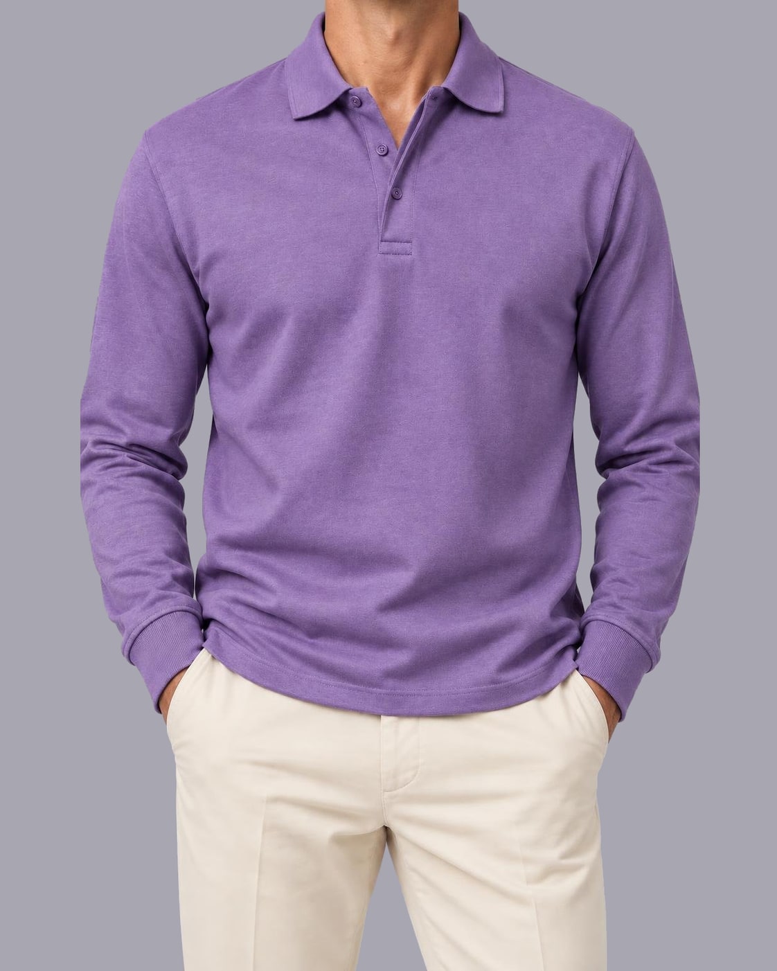 Men's Long Sleeve Polo Shirt – Knitted Cotton, Regular Fit – Purple