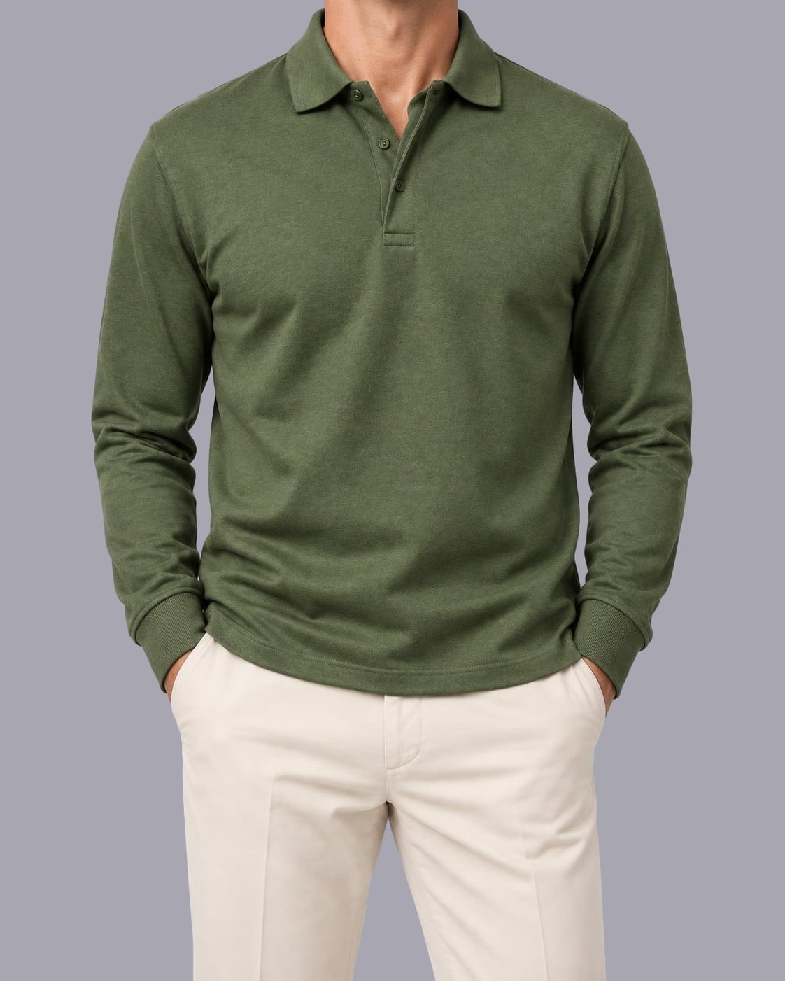 Men's Long Sleeve Polo Shirt – Knitted Cotton, Regular Fit – Army Green