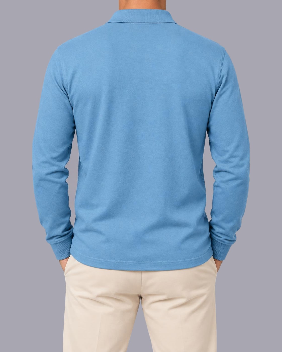 Men's Long Sleeve Polo Shirt – Knitted Cotton, Regular Fit – Light Blue – back