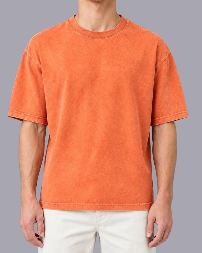 Men's Oversized Heavyweight Cotton T-Shirt – Mineral Wash Finish – Orange