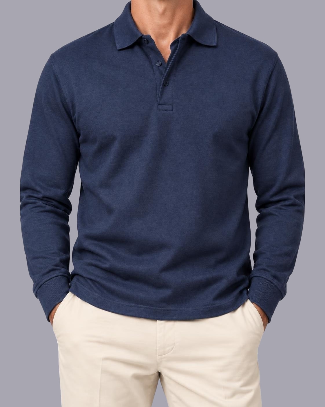 Men's Long Sleeve Polo Shirt – Knitted Cotton, Regular Fit – Navy Blue