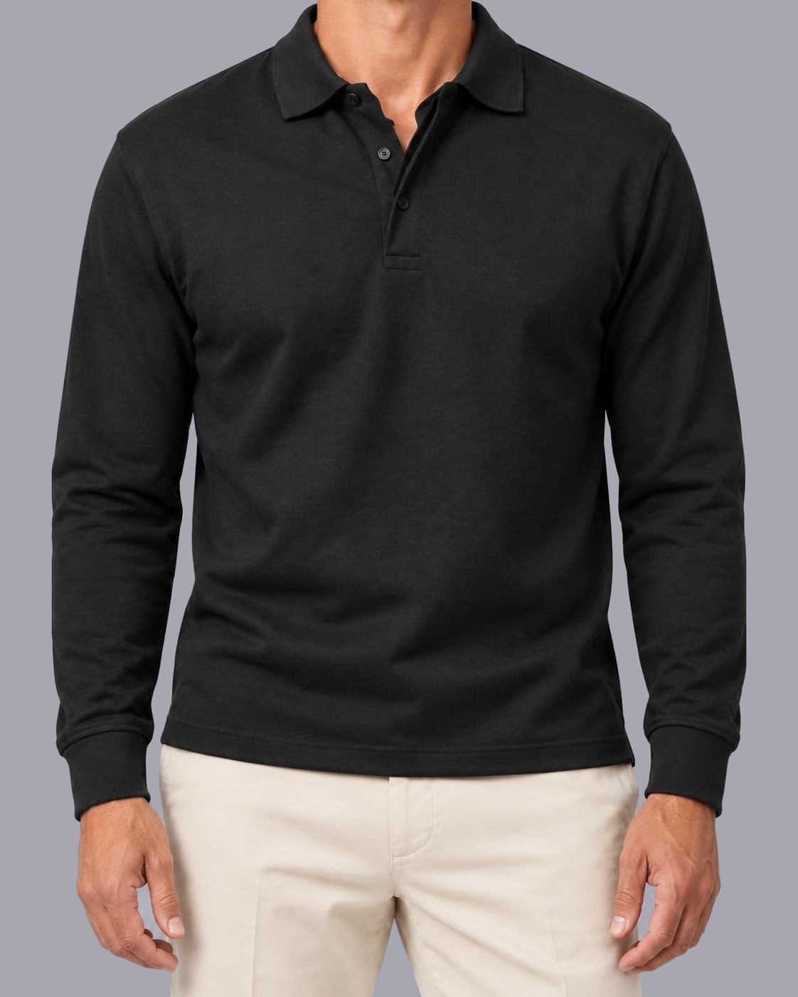 Men's Long Sleeve Polo Shirt – Knitted Cotton, Regular Fit – Black