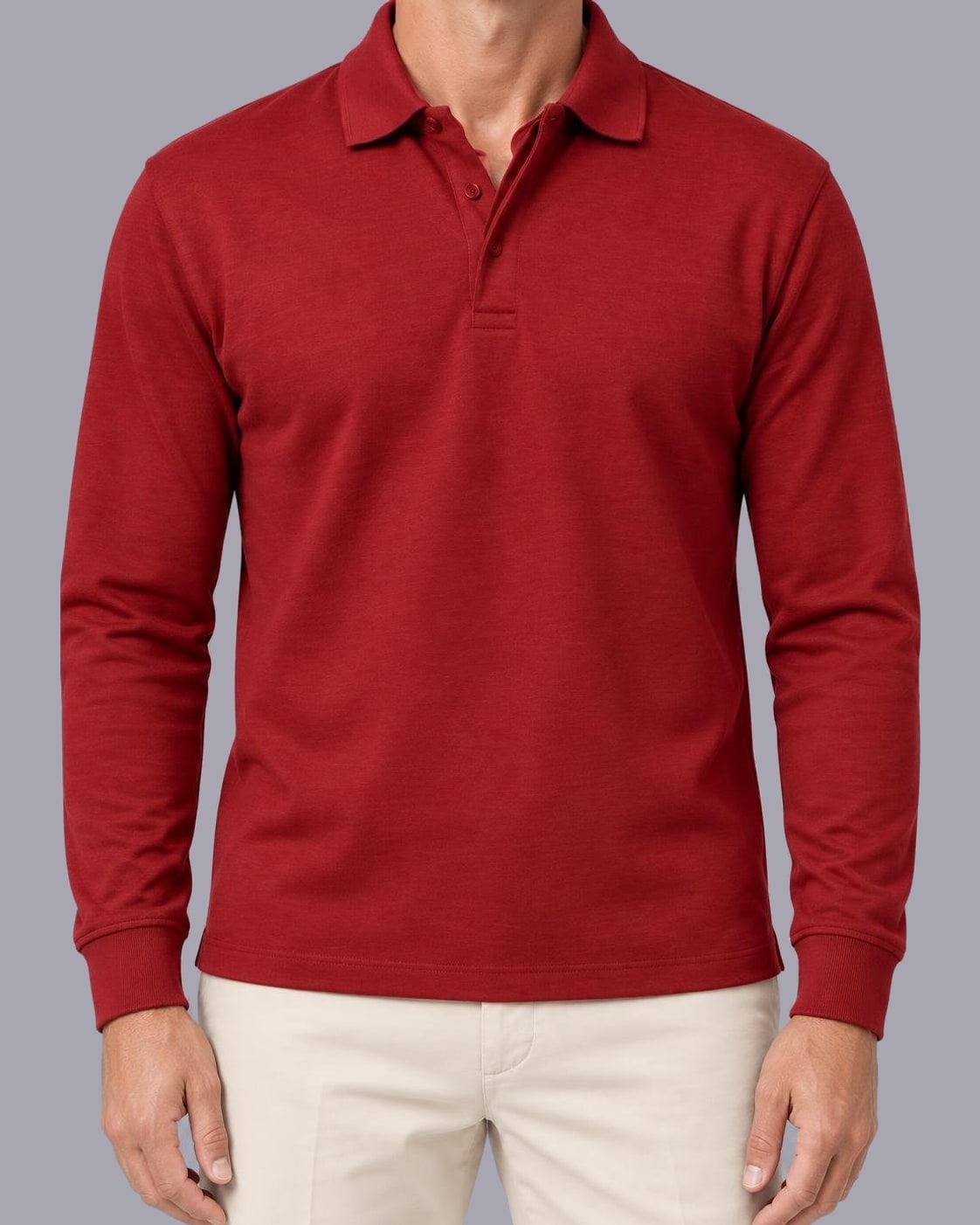Men's Long Sleeve Polo Shirt – Knitted Cotton, Regular Fit – Red
