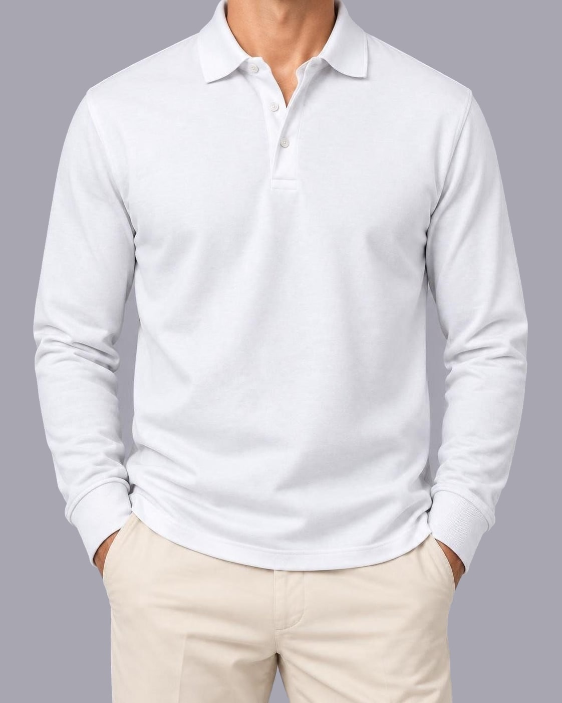 Men's Long Sleeve Polo Shirt – Knitted Cotton, Regular Fit – White