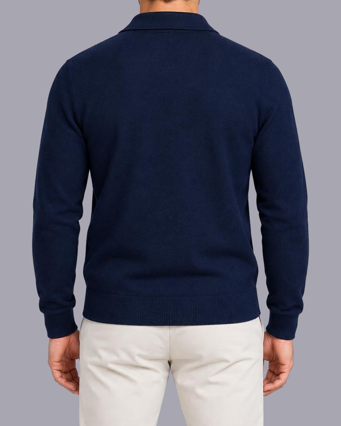 Men's Fine-Gauge Knit Jumper | Tailored Full-Zip Collared Sweater | Stylish All-Season Top – Navy Blue – back
