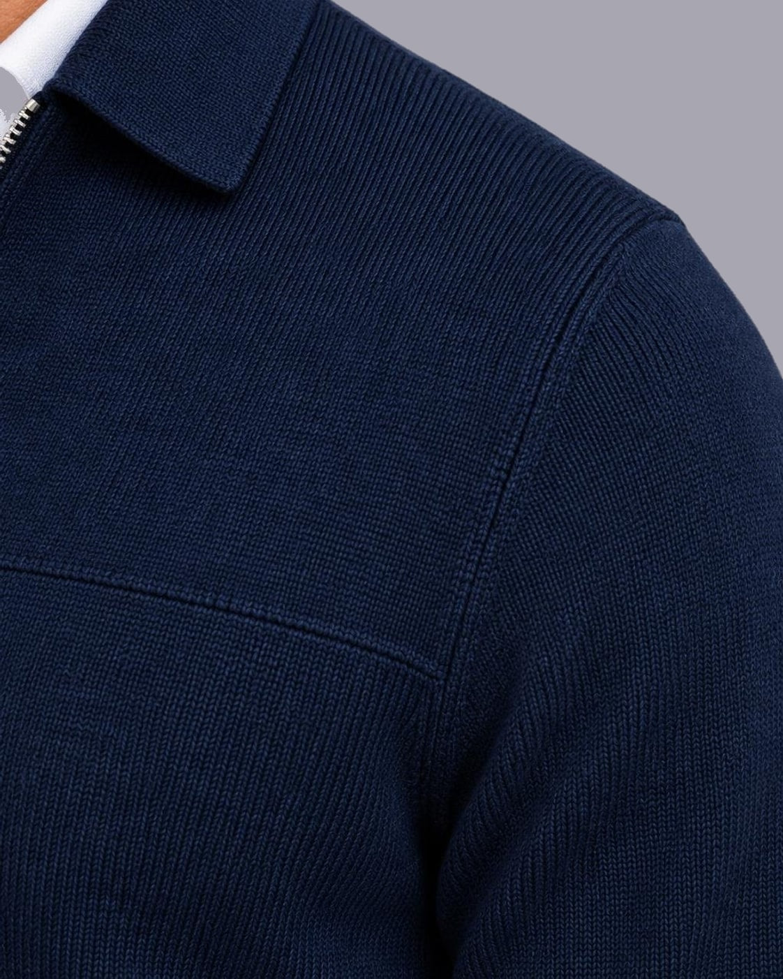 Men's Fine-Gauge Knit Jumper | Tailored Full-Zip Collared Sweater | Stylish All-Season Top – Navy Blue – shoulder detail