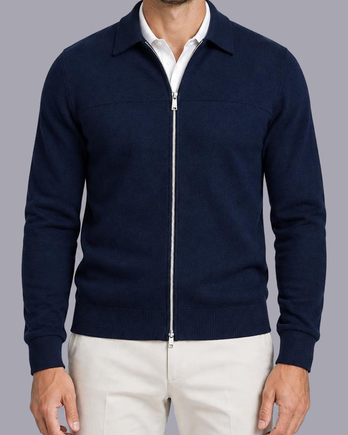 Men's Fine-Gauge Knit Jumper | Tailored Full-Zip Collared Sweater | Stylish All-Season Top – Navy Blue