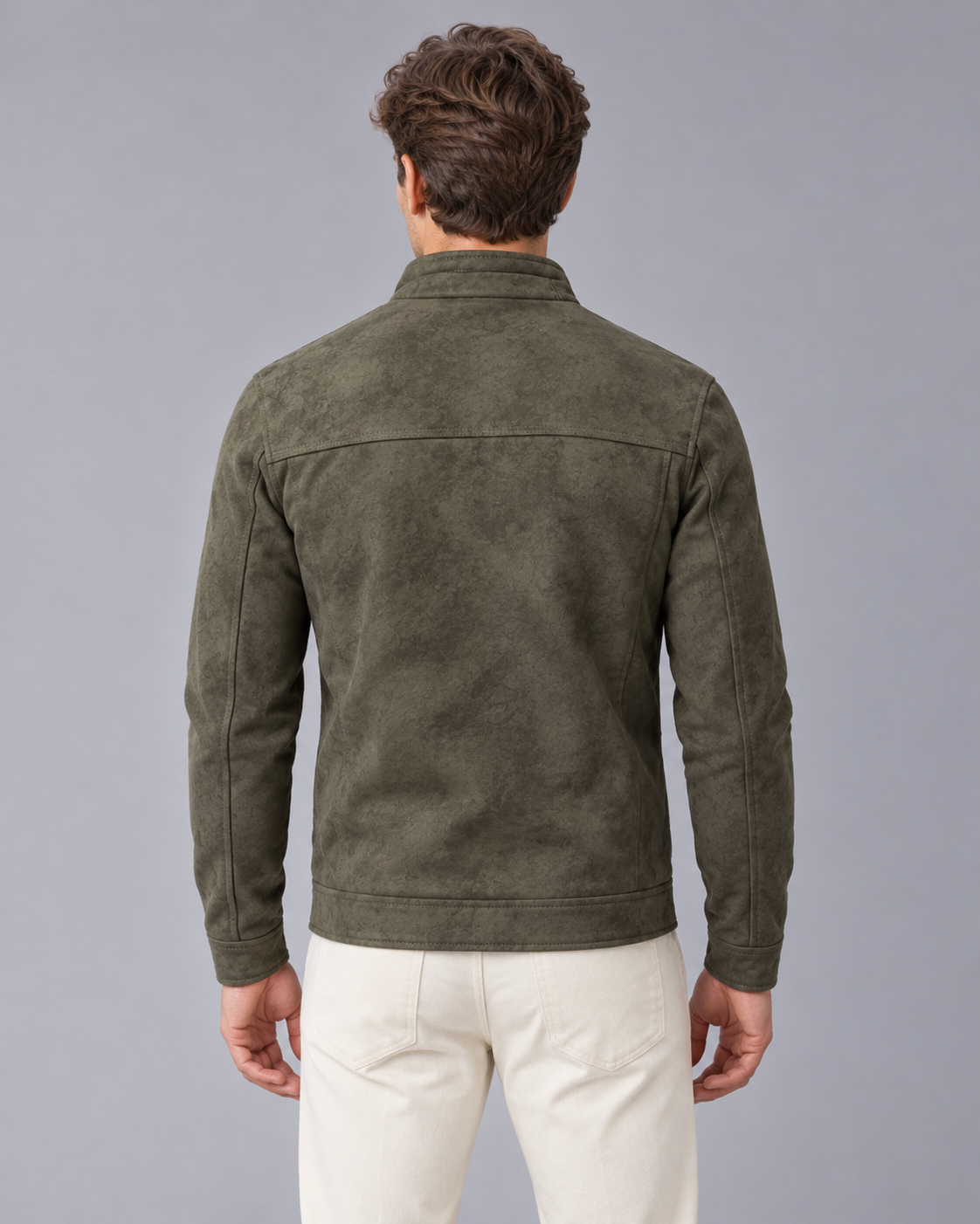 Men's Faux Leather Jacket with Zip Front and Stand Collar