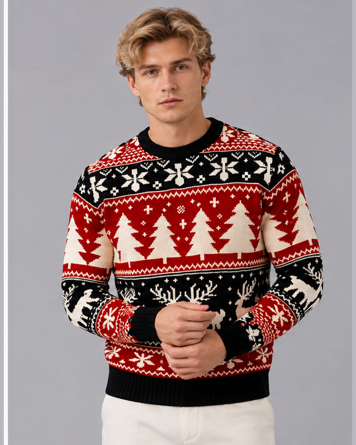 Men's Christmas Jumper with Fair Isle Reindeer and Tree Pattern | Festive Sweater