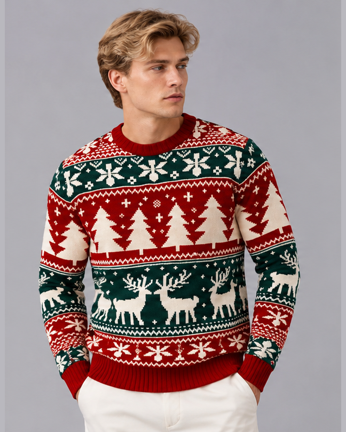 Men's Christmas Jumper with Fair Isle Reindeer and Tree Pattern | Festive Sweater
