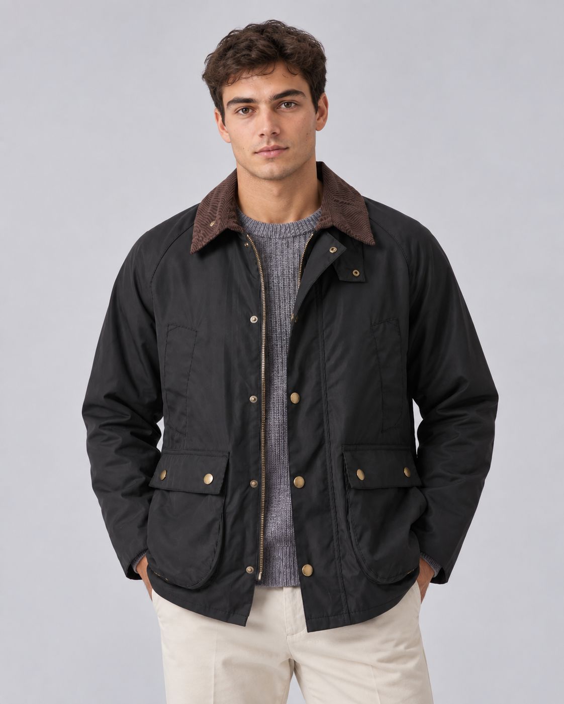 Men's Barn Jacket in Polyester – Contrast Collar, Front Zip, Relaxed Fit