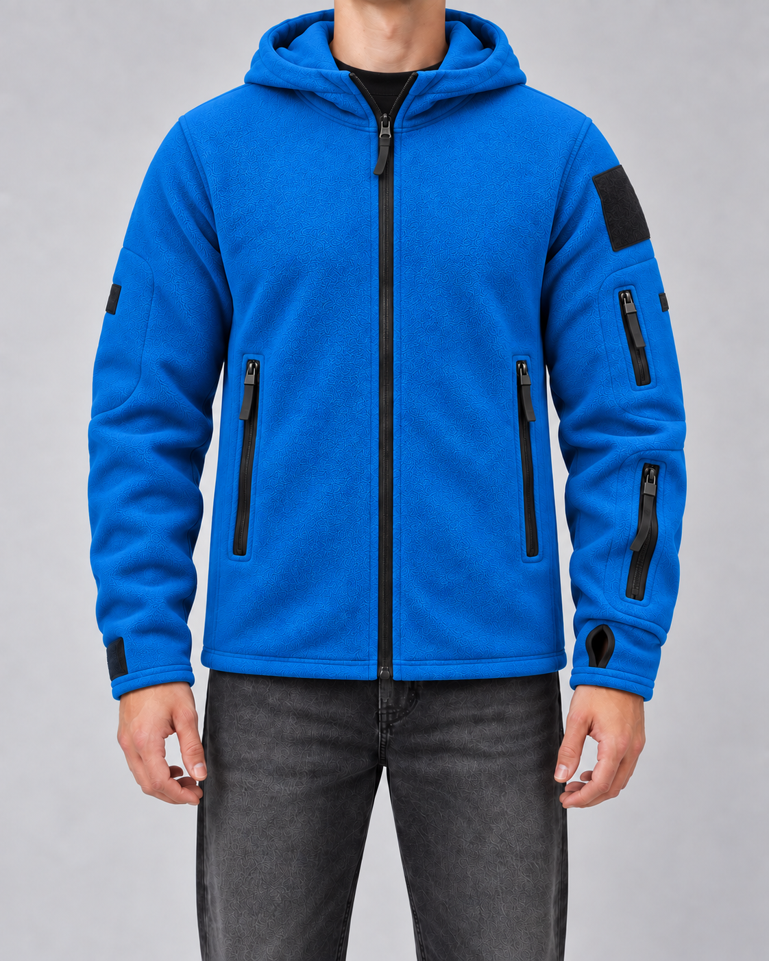 Men's Full-Zip Fleece Jacket - Hooded Multi-Pocket Regular Fit