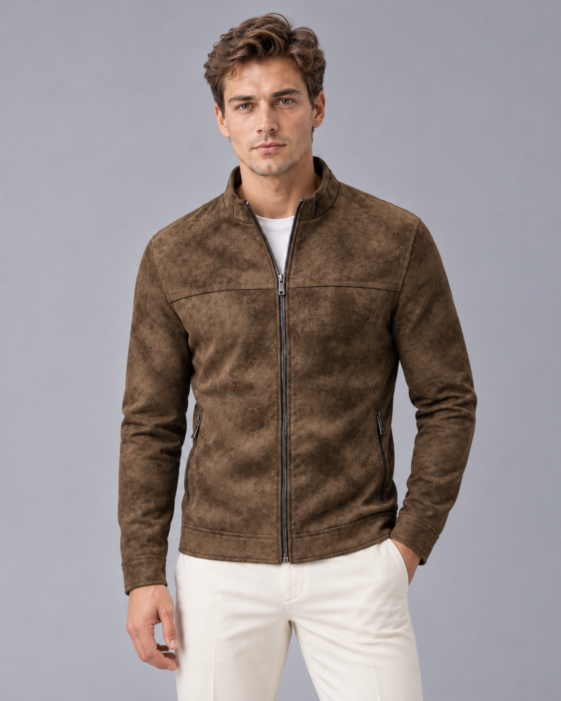 Men's Faux Leather Jacket with Zip Front and Stand Collar