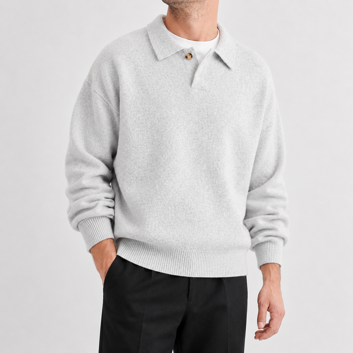Men's Knitted Polo Jumper – Long Sleeve with Button Collar, Relaxed Fit