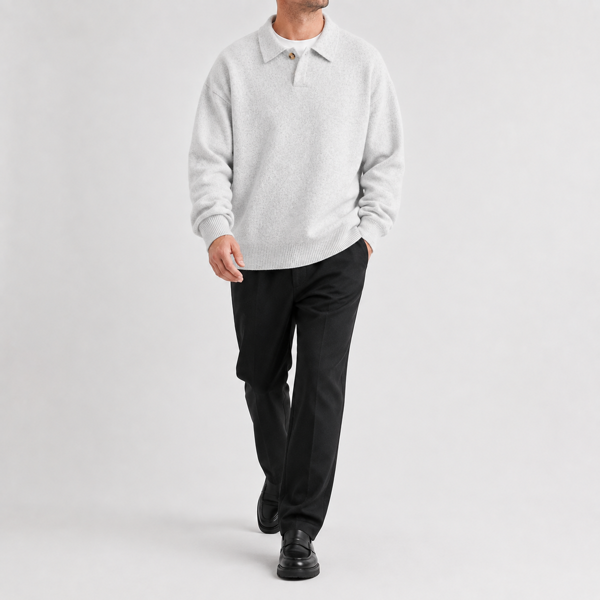 Men's Knitted Polo Jumper – Long Sleeve with Button Collar, Relaxed Fit