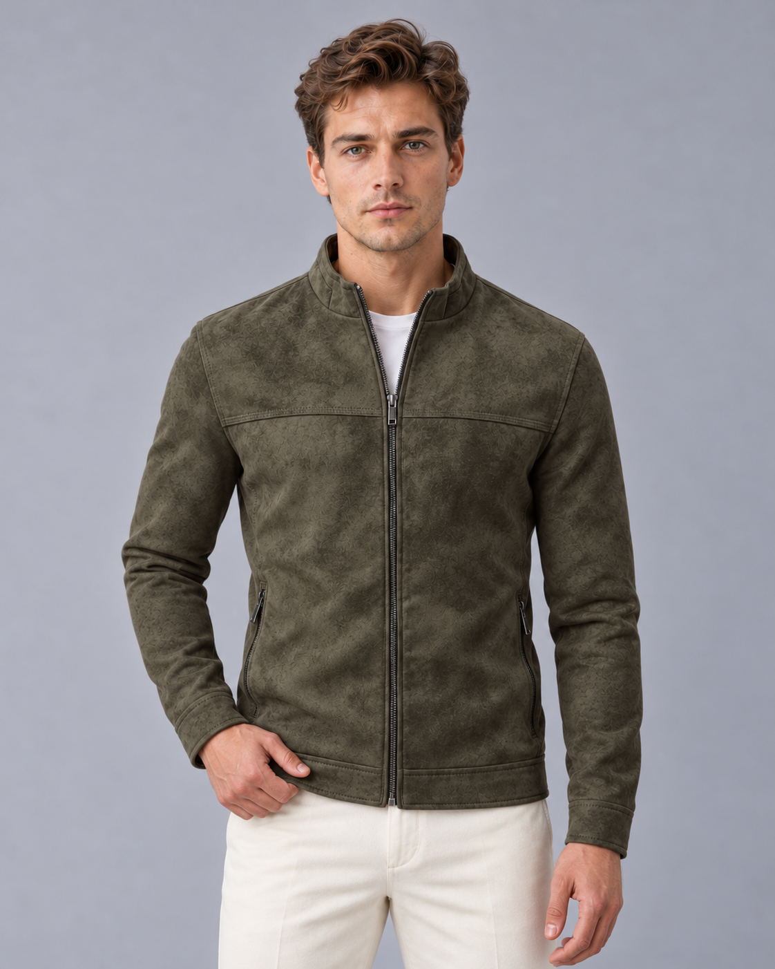 Men's Faux Leather Jacket with Zip Front and Stand Collar
