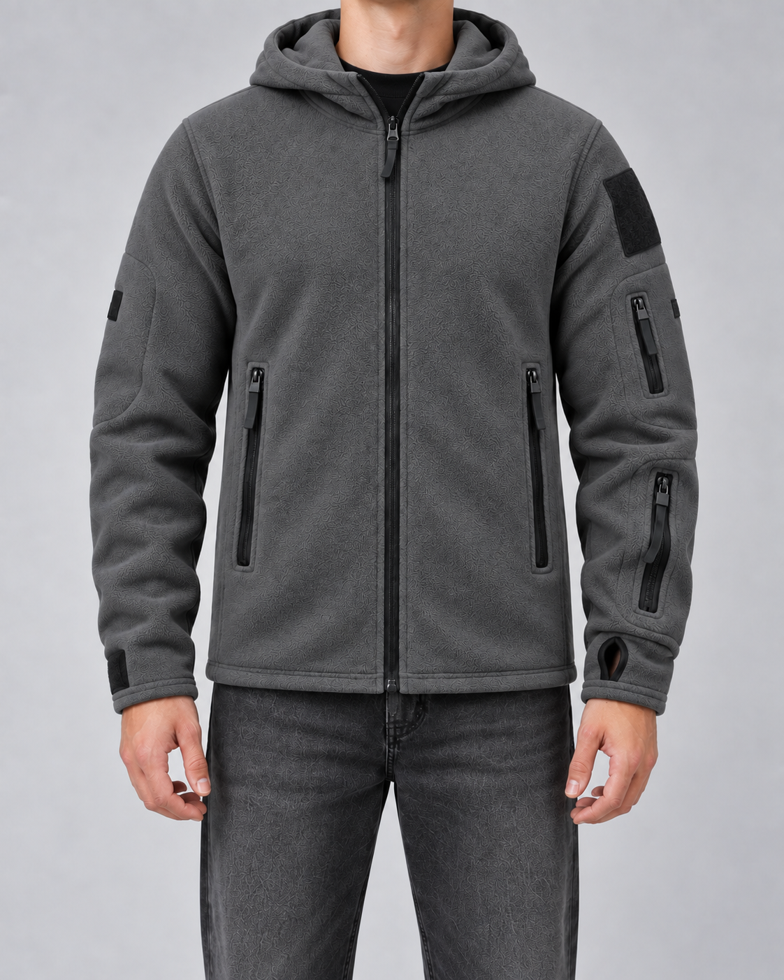 Men's Full-Zip Fleece Jacket - Hooded Multi-Pocket Regular Fit