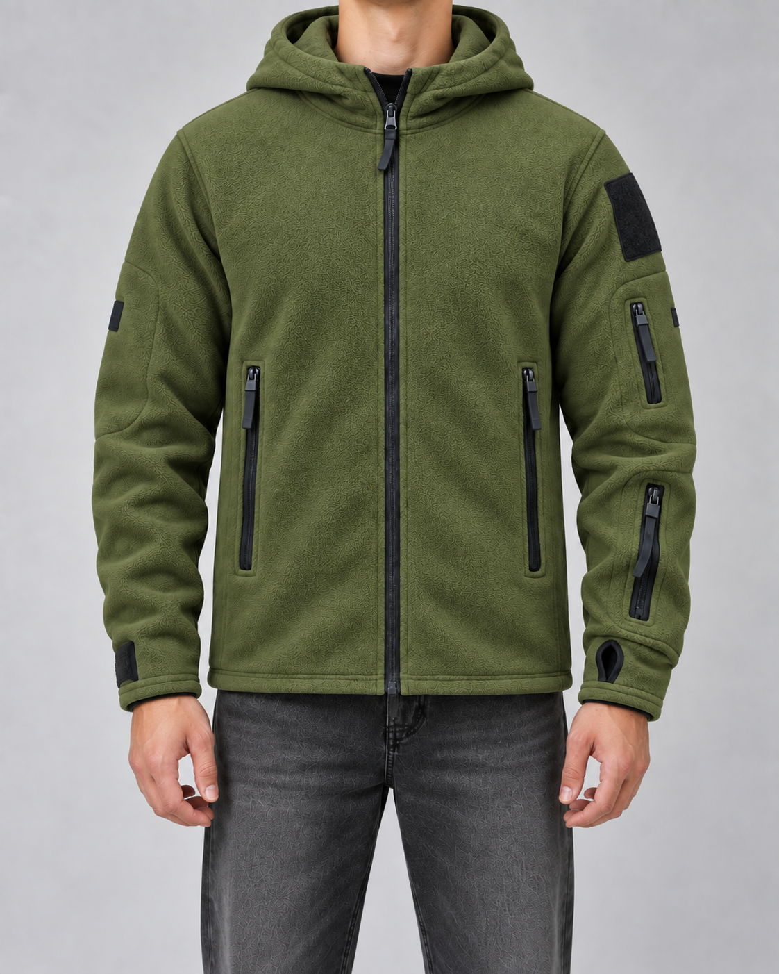 Men's Full-Zip Fleece Jacket - Hooded Multi-Pocket Regular Fit