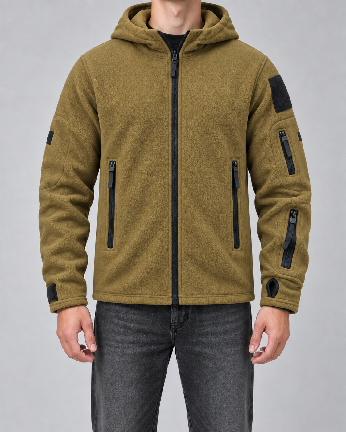Men's Full-Zip Fleece Jacket - Hooded Multi-Pocket Regular Fit