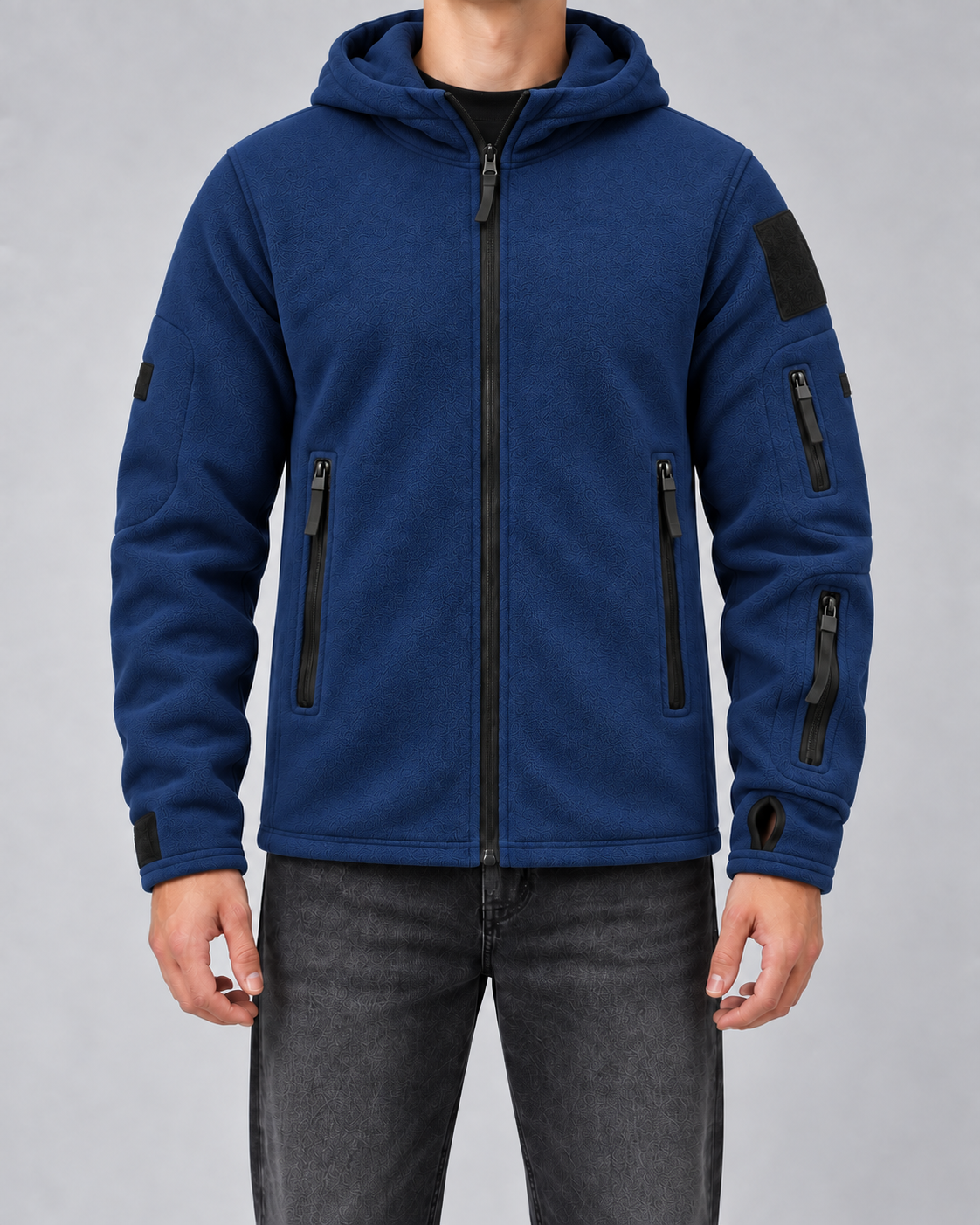 Men's Full-Zip Fleece Jacket - Hooded Multi-Pocket Regular Fit