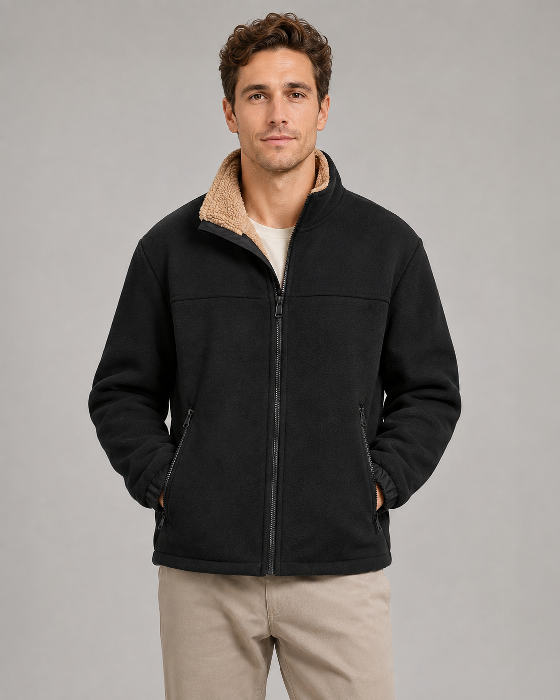Men's Sherpa Fleece Jacket – Full Zip, Stand Collar, Regular Fit