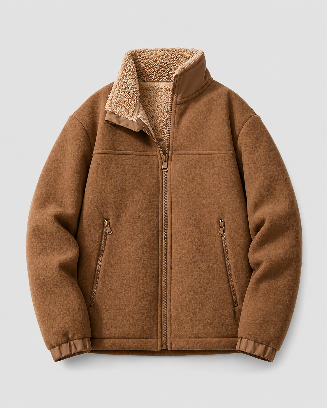 Men's Sherpa Fleece Jacket – Full Zip, Stand Collar, Regular Fit