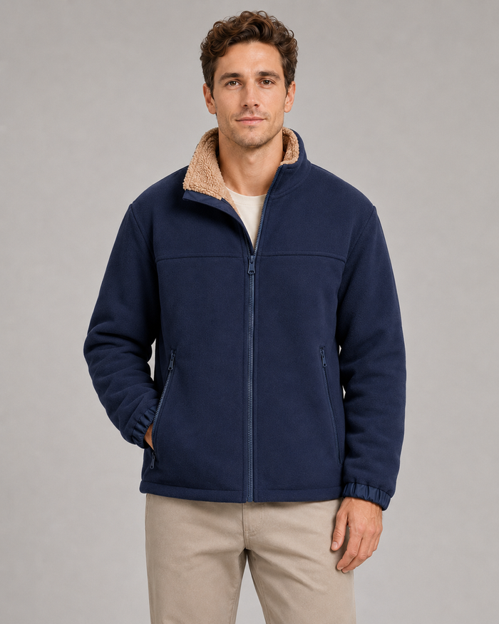 Men's Sherpa Fleece Jacket – Full Zip, Stand Collar, Regular Fit